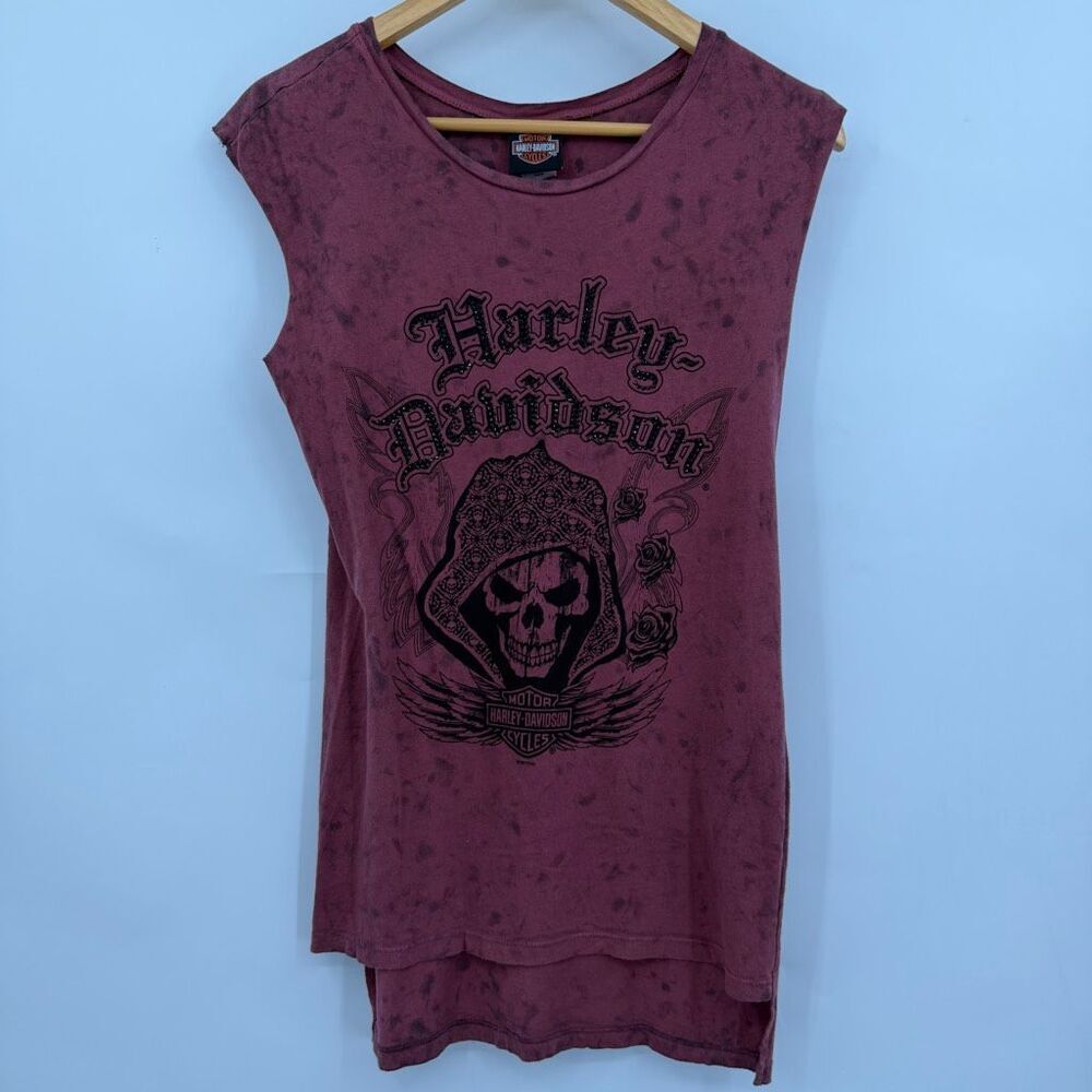 Harley-Davidson Hooded Skull Rhinestone Acid Wash Sleeveless Tee Small Purple